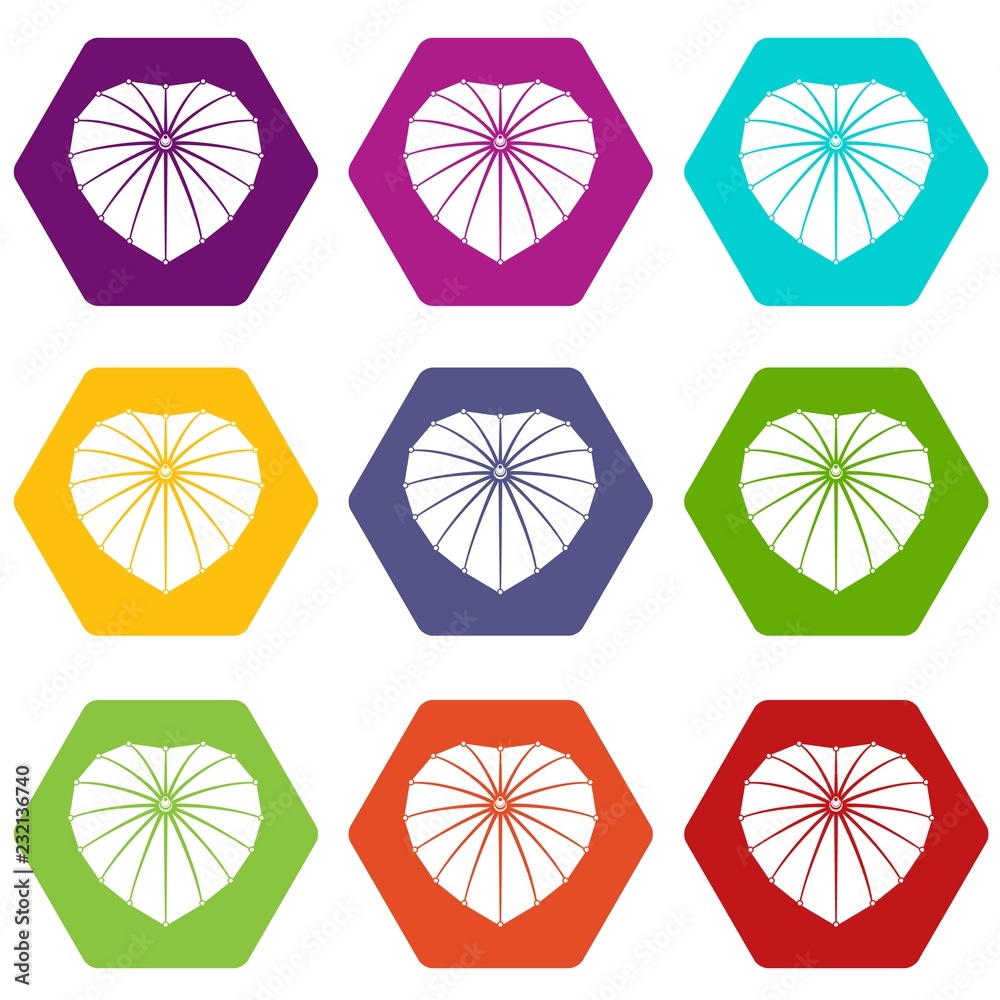 Heart umbrella icons 9 set coloful isolated on white for web Heart umbrella icons 9 set coloful isolated on white for web