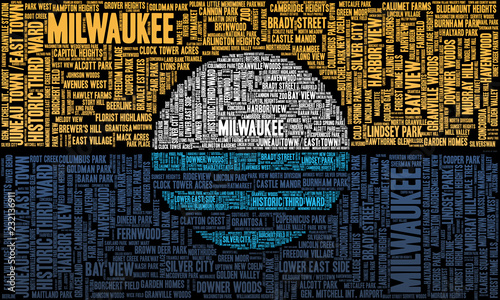 A word cloud with the neighborhoods of Milwaukee, Wisconsin, in the shape of the People's Flag of the city. photo