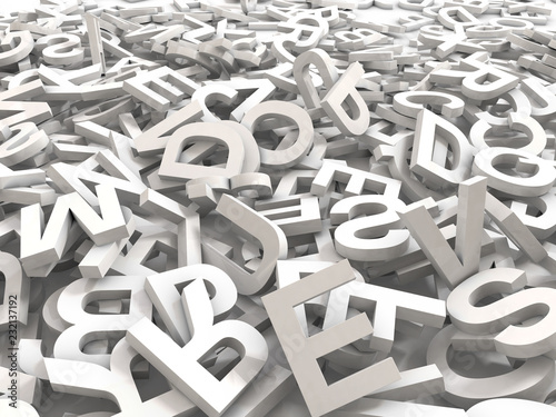 A jumbled pile of 3D illustrated white uppercase letters over a white background.  Great for typegraphy, education, design, or business applications.