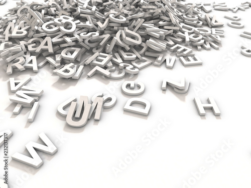 A jumbled pile of 3D illustrated white uppercase letters over a white background.  Great for typegraphy, education, design, or business applications.