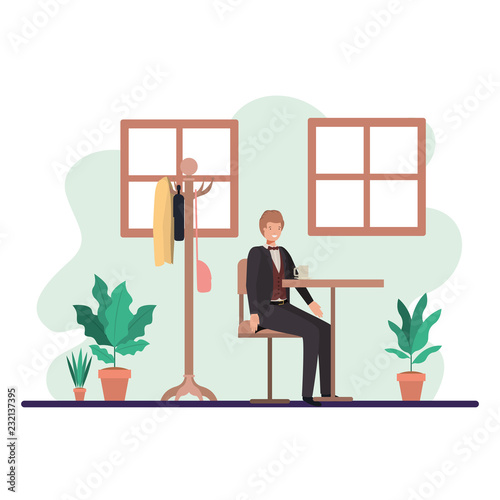 man drinking coffee in the dining room