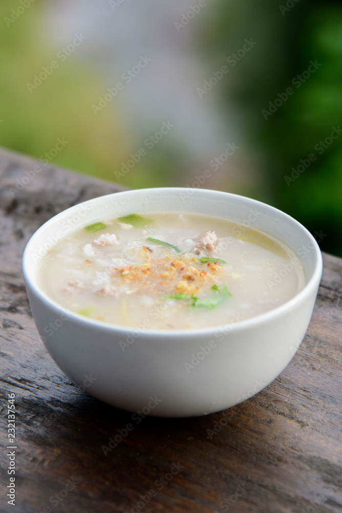 Boiled rice with pork on the beautiful nature background