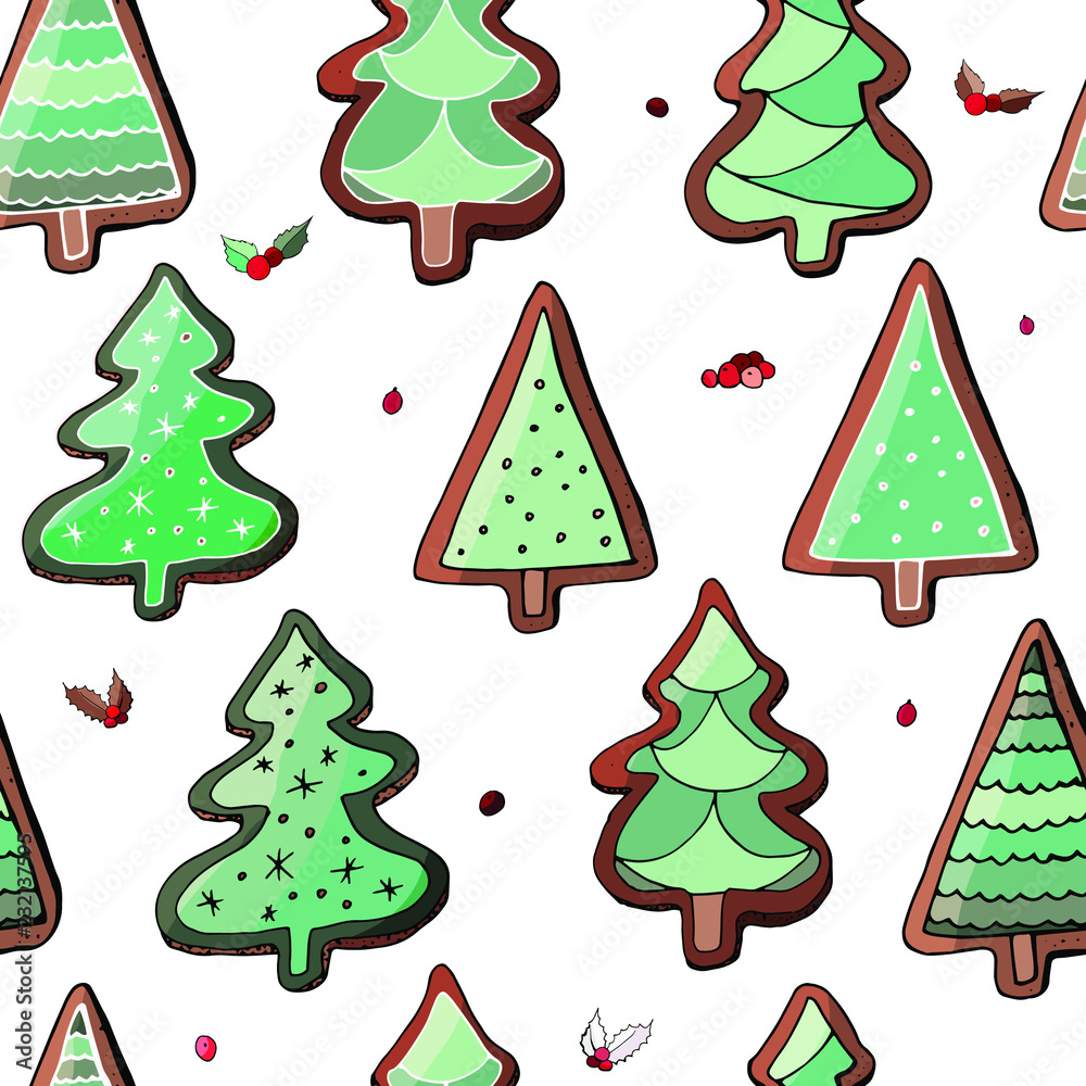 Stock vector endless pattern from green christmas tree gingerbreads with different ornaments. Isolated and hand drawn doodle festive background. Seamless texture for holiday design. New year. Stock vector endless pattern from green christmas tree gingerbreads with different ornaments. Isolated and hand drawn doodle festive background. Seamless texture for holiday design. New year.