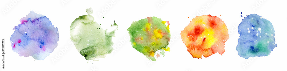 Naklejka premium Abstract watercolor shapes on white background. Color splashing hand drawn vector painting
