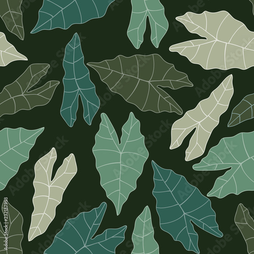 Background with tropical leaves. Seamless floral pattern. Summer vector illustration. Flat jungle print