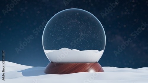 Snow globe with a wooden base in a winter Christmas style landscape. 3d rendering
