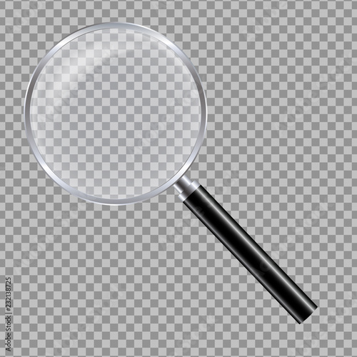 Realistic illustration of a glass magnifying glass with a black handle and a metal rim with reflections - isolated on a transparent background