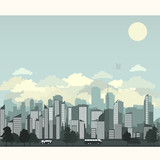 Vector image of a modern metropolis with clouds in gray colors