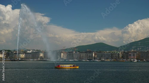 sunny day blue sky geneva city lakeside fountain bay slow motion panorama 4k switzerland
