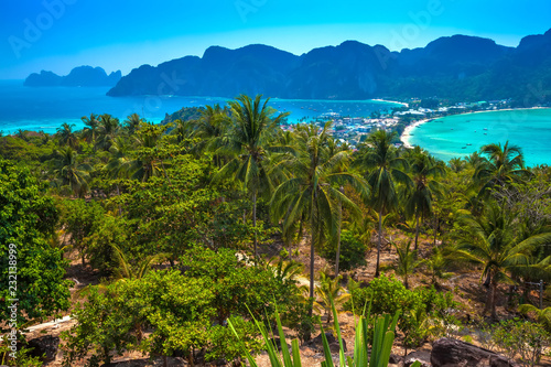 Beautiful panoramic view over Tonsai and Dalum Beach. Green jungles and hot stones on the bright sun of tropical island and the mountains in Andaman Sea. Phi Phi Viewpoint, Krabi, Thailand. © Valery Bocman
