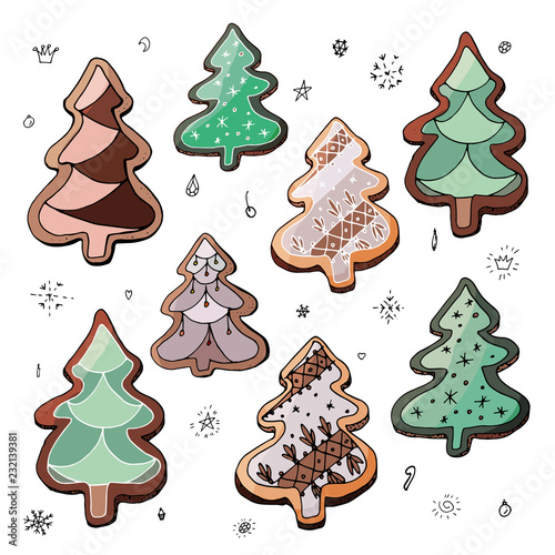 Stock set of eight colorful christmas tree sweet desserts, cookies and gingerbreads with different ornaments. Isolated and hand drawn doodle new year background. Christmas festive card. 