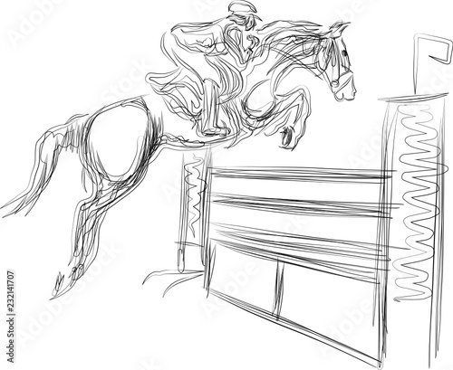 Young horseman on show jumping competition. Rider with horse jump over the hurdle