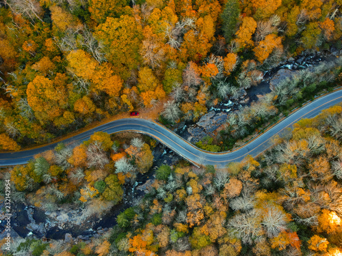Aerial Drone view of Autumn / fall in the Blue ridge of the Appalachian Mountains  near Asheville, North Carolina. Vibrant red, yellow, orange leaf foliage colors on the curve of mountain road side. 