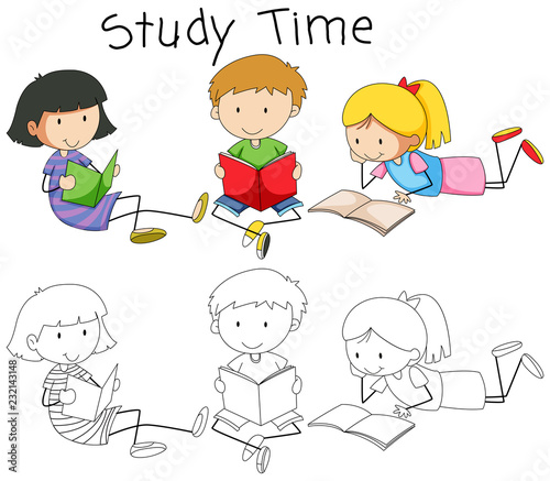 Doodle boy and girl reading book