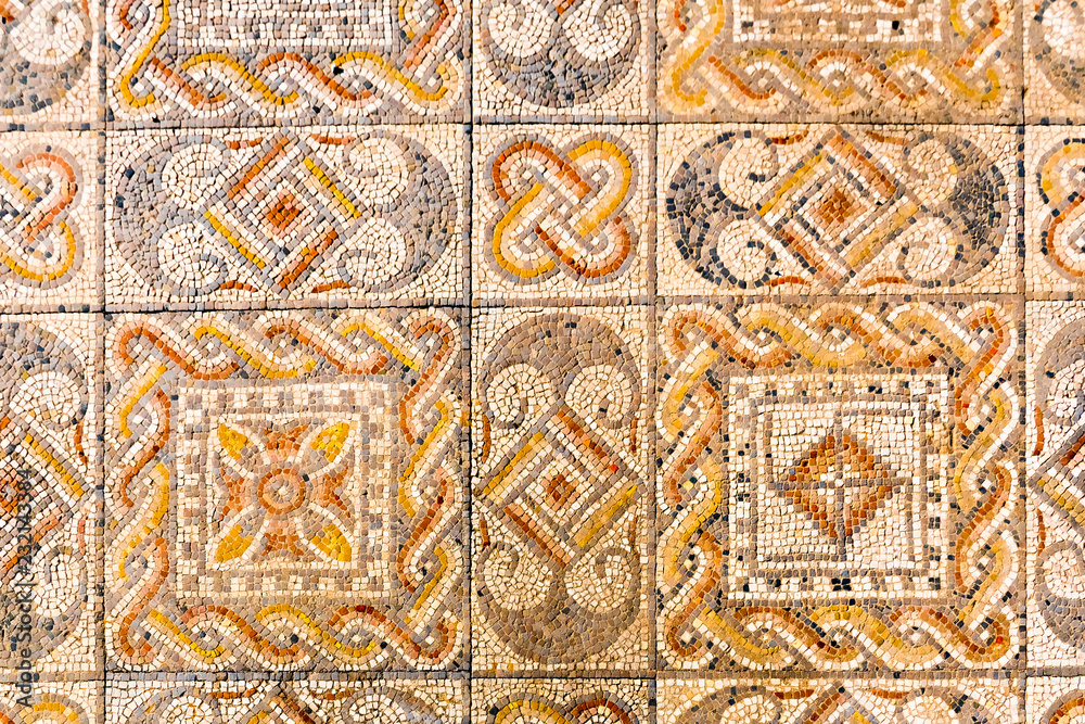Beautiful Ancient Mosaic in Roman ruins of Volubilis, Unesco, Meknes, Morocco, Africa