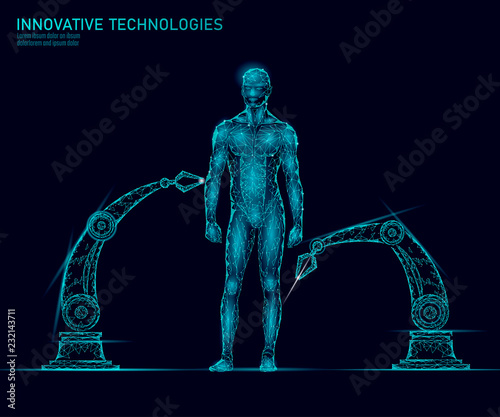 Adjustment human body anatomy. DNA engineering science innovation superman technology. Genome health research cloning medicine low poly 3D render polygonal virtual reality vector illustration