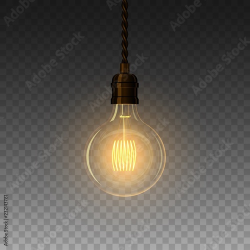 Realistic glowing lamp hanging on the wire. Incandescent lamp. Vector