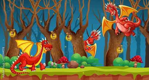 Red dragon in fairy tale forest