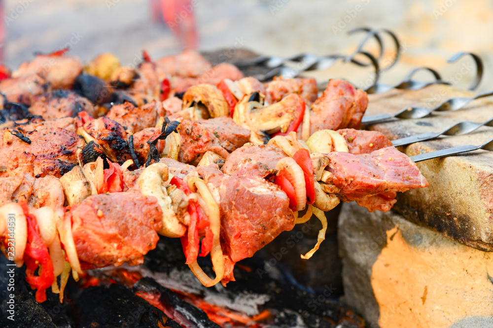 Жаренное и сочное мясо жарится на шампурах на костре, шампура на кирпичах, под ними древесные горящие угли.