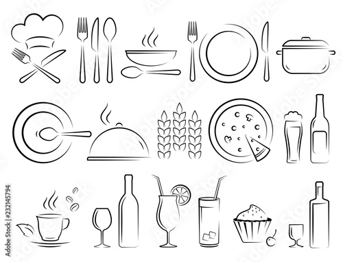 hand drawn restaurant icons set on white