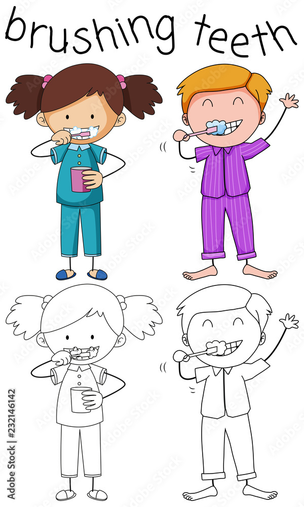 Doodle boy and girl brushing teeth Doodle boy and girl brushing teeth