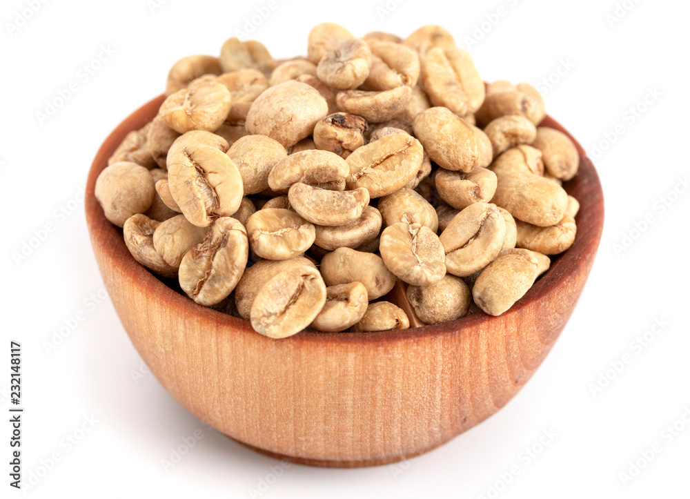Bowl of Raw Green Coffee Beans on a White Background Bowl of Raw Green Coffee Beans on a White Background