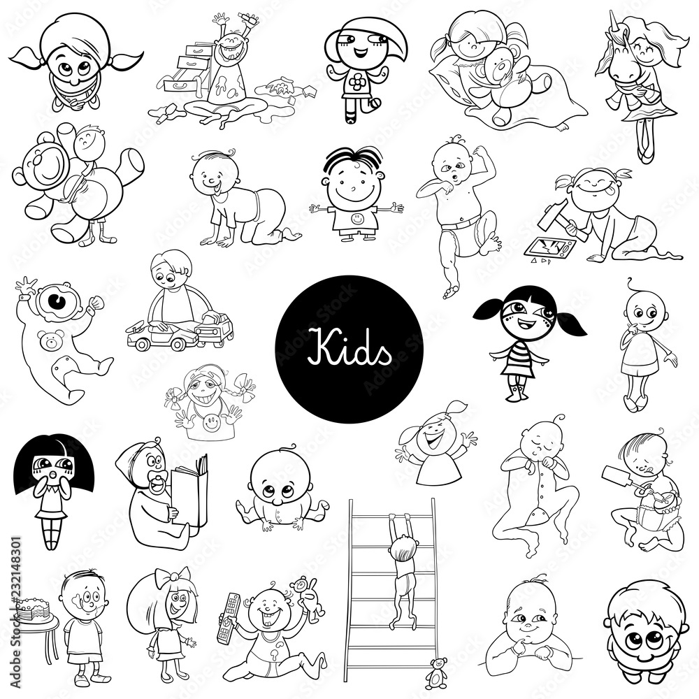 cartoon kids characters black and white set