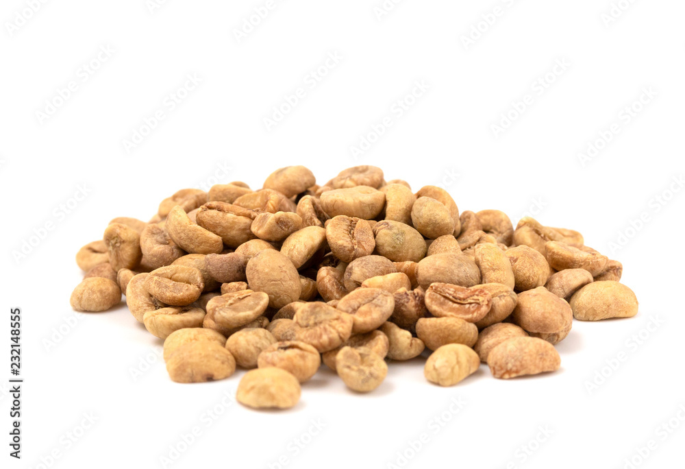 Pile of Raw Green Coffee Beans on a White Background Pile of Raw Green Coffee Beans on a White Background