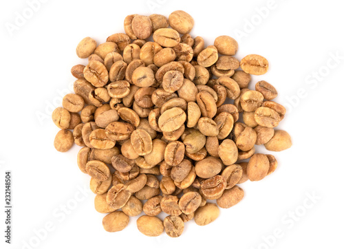 Pile of Raw Green Coffee Beans on a White Background