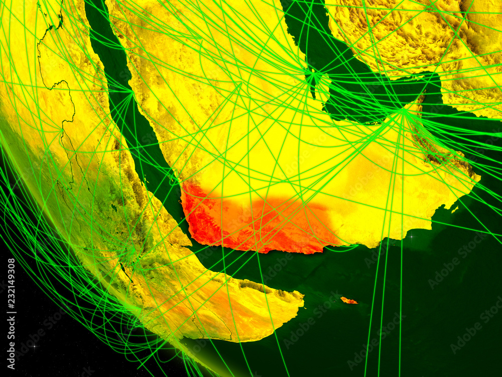 Yemen on digital planet Earth from space with network. Concept of international communication, technology and travel. Yemen on digital planet Earth from space with network. Concept of international communication, technology and travel.