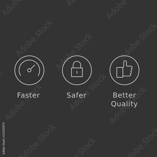 Faster, safer and better quality word and icon illustration vector collection. Simple and flat design, Minimalist style, black and gray color.