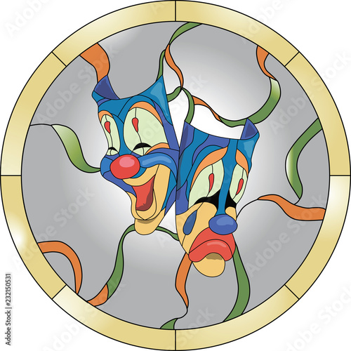 Two clown theatrical masks with ribbons on a grey background stained glass pattern