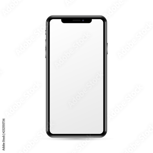 Slim new smartphone similar to iPhone x with blank black screen isolated