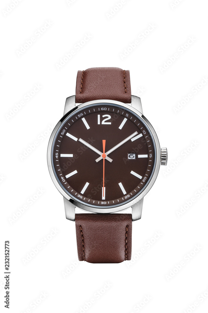 Men's leather wrist watch in white background