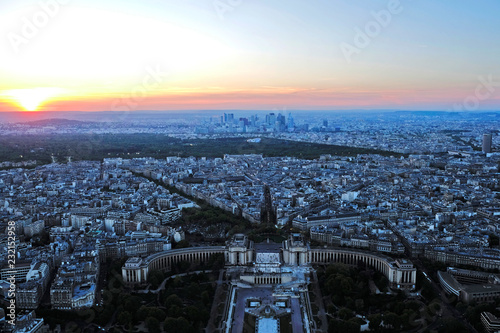Sunset over Paris seen from Eiffel Tower