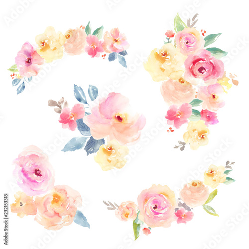 Flower Bouquets. Isolated Watercolor Flower Bunches