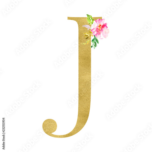 Gold and Floral Monogram Letters. Decorative ABC Alphabet