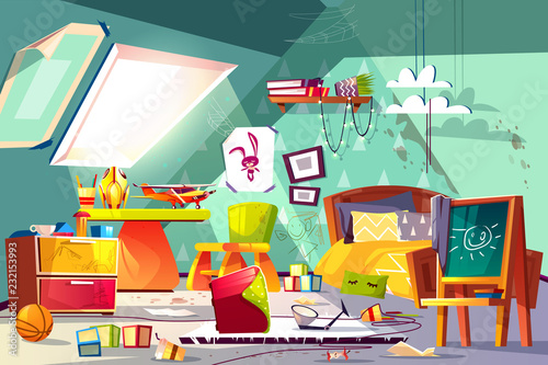 Childrens room on attic interior with terrible mess, stained floor, scattered toys, drawings on walls and furniture cartoon vector illustration. Messy boy bedroom, hyperactive or lazy kid concept
