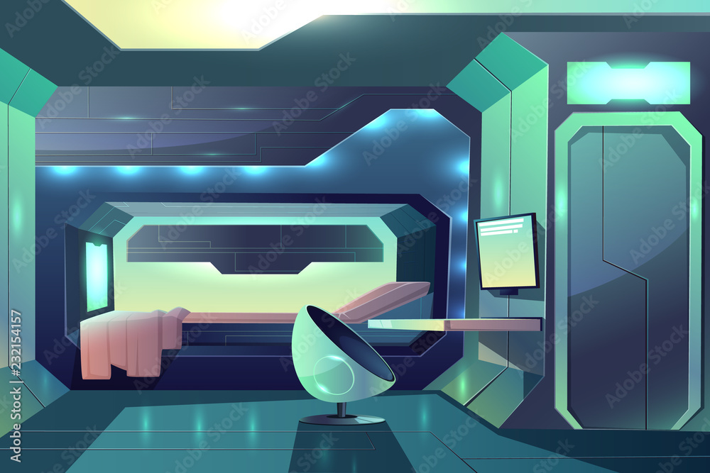 Future spaceship crew member personal cabin minimalistic interior with neon ambient light, bed in sleeping block and futuristic armchair in front of desk with monitor cartoon vector illustration Future spaceship crew member personal cabin minimalistic interior with neon ambient light, bed in sleeping block and futuristic armchair in front of desk with monitor cartoon vector illustration