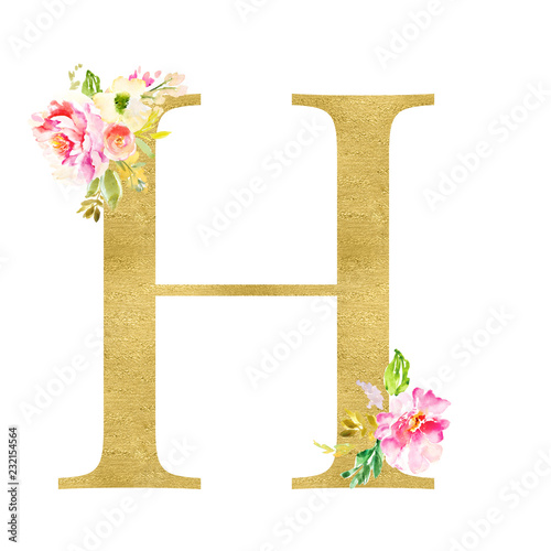 Gold and Floral Monogram Letters. Decorative ABC Alphabet