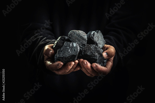 Fototapet black coal in the hands, heavy industry, heating, mineral raw materials