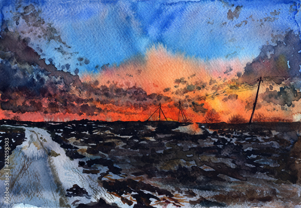 Naklejka premium The hand drawn watercolor sketch of a rural landscape, decline over the field and the road.