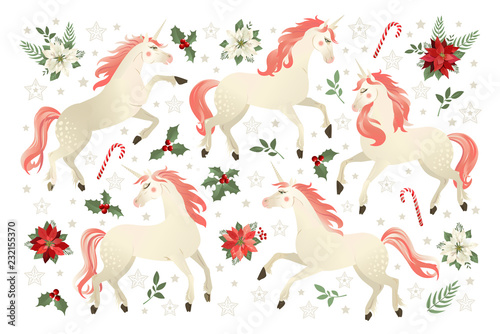 Christmas set with Unicorn  vector illustration on black background