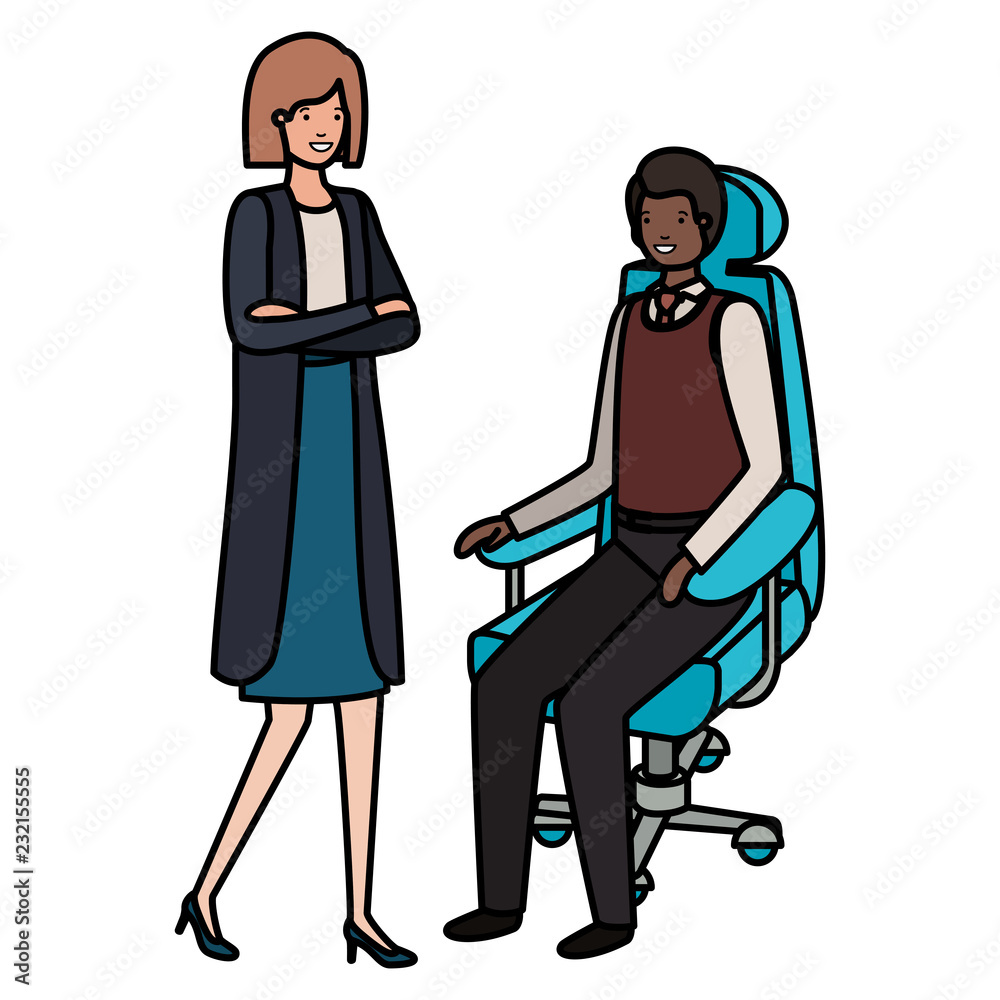 man sitting in office chair and woman standing man sitting in office chair and woman standing