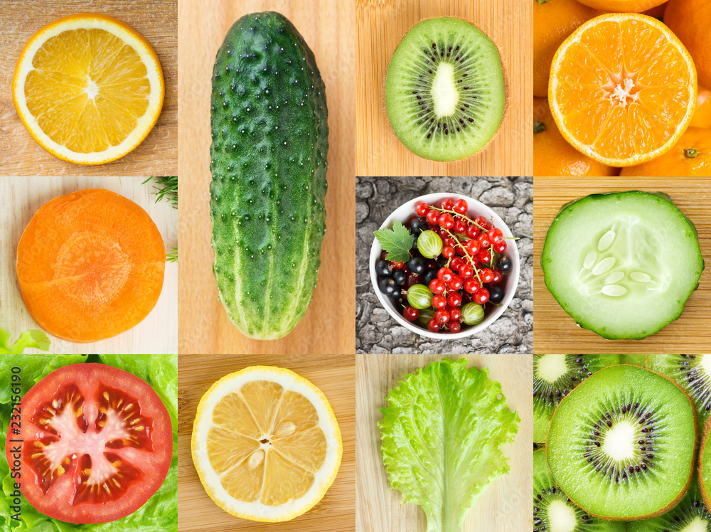 Background of fruits and vegetables. Top view