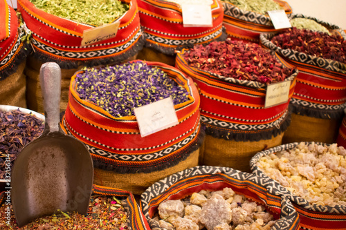 Colorful spices on the traditional arabic souk market.