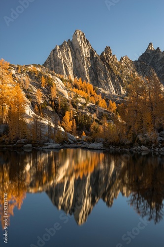 Scenic view of mountain with trees reflecting in lake