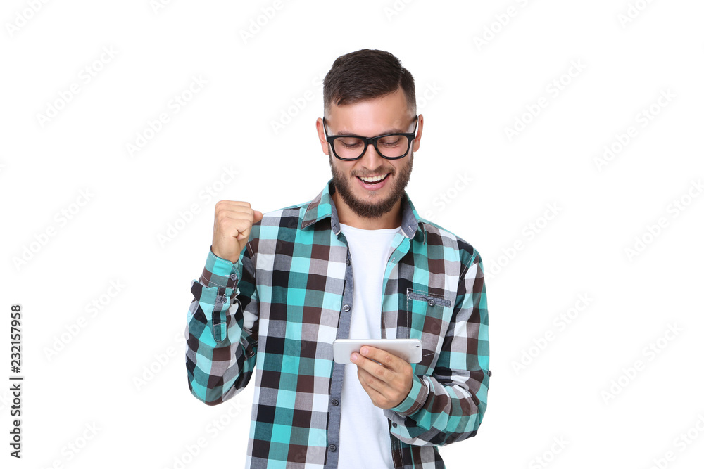 Young man with smartphone isolated on white background Young man with smartphone isolated on white background