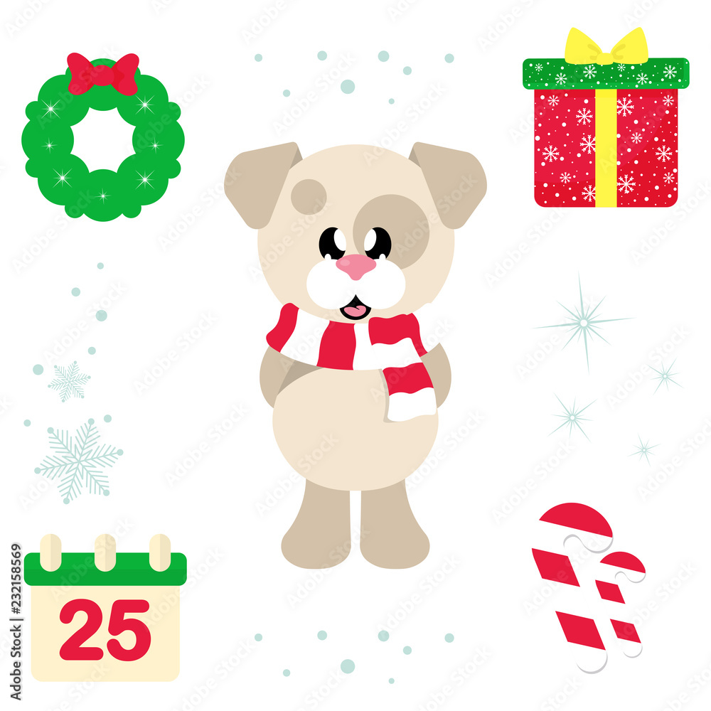 winter cartoon cute dog with scarf and christmas elements illustration vector winter cartoon cute dog with scarf and christmas elements illustration vector