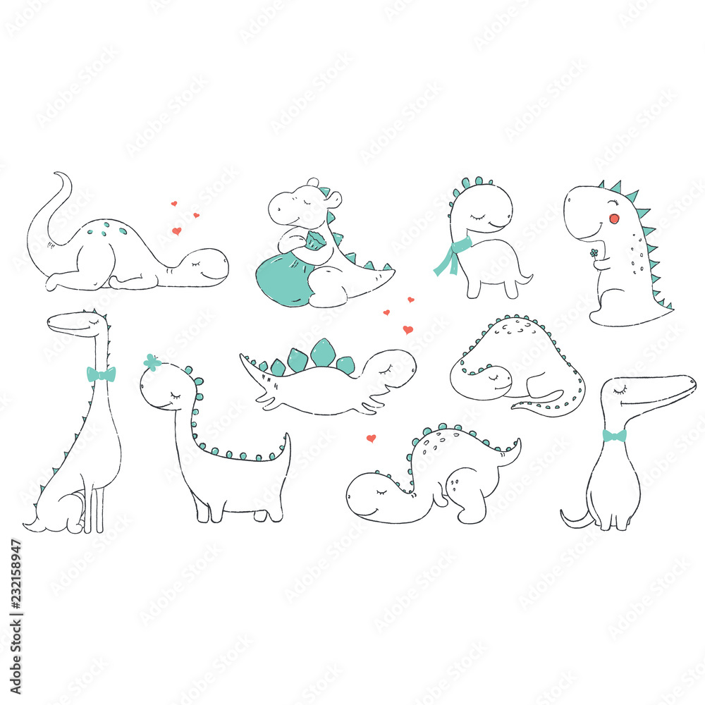 Naklejka premium Zestaw małych uroczych dinozaurów. Ilustracji wektorowych